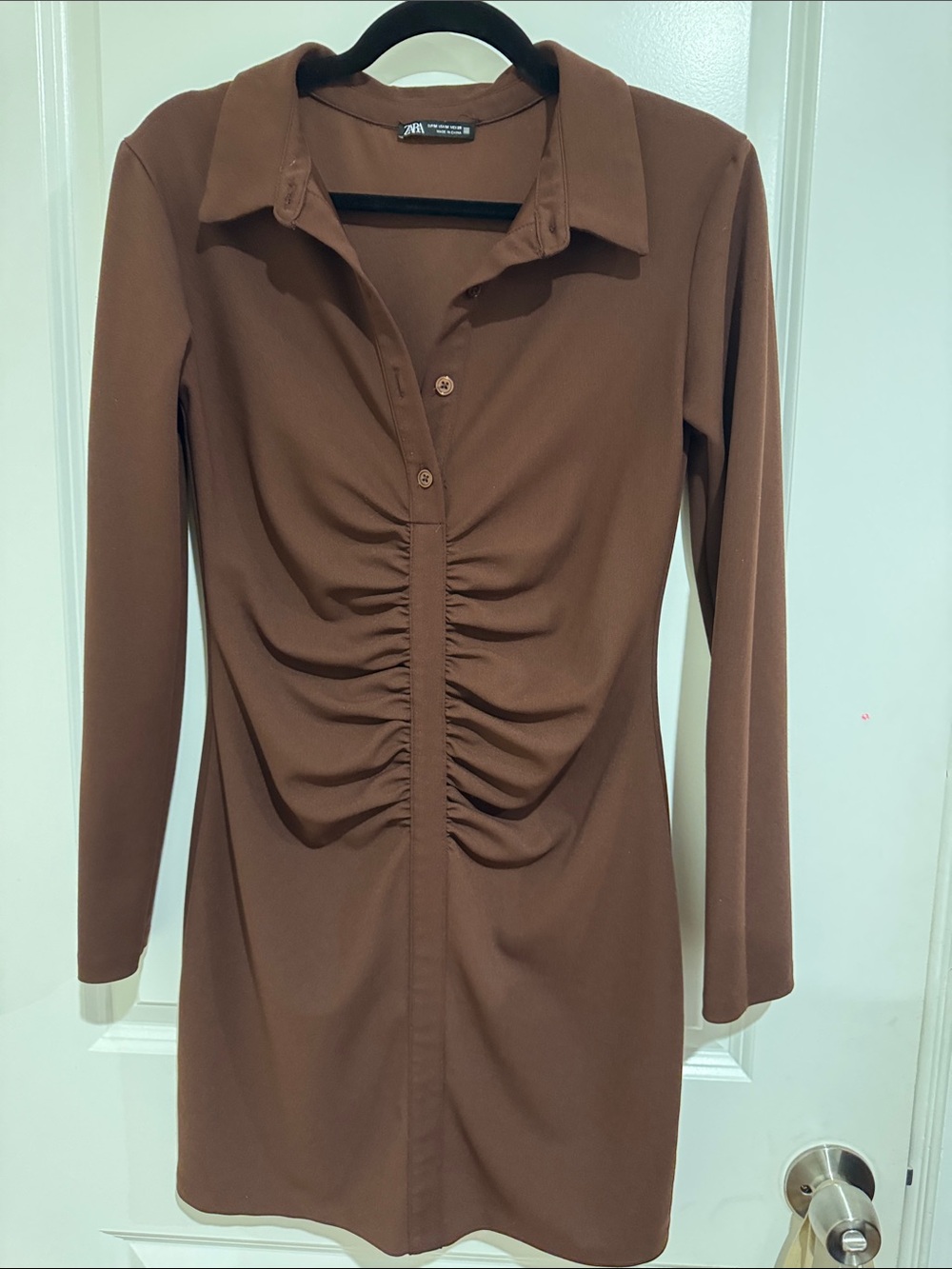 Zara Chest-Ruche Long Sleeve Dress in Brown